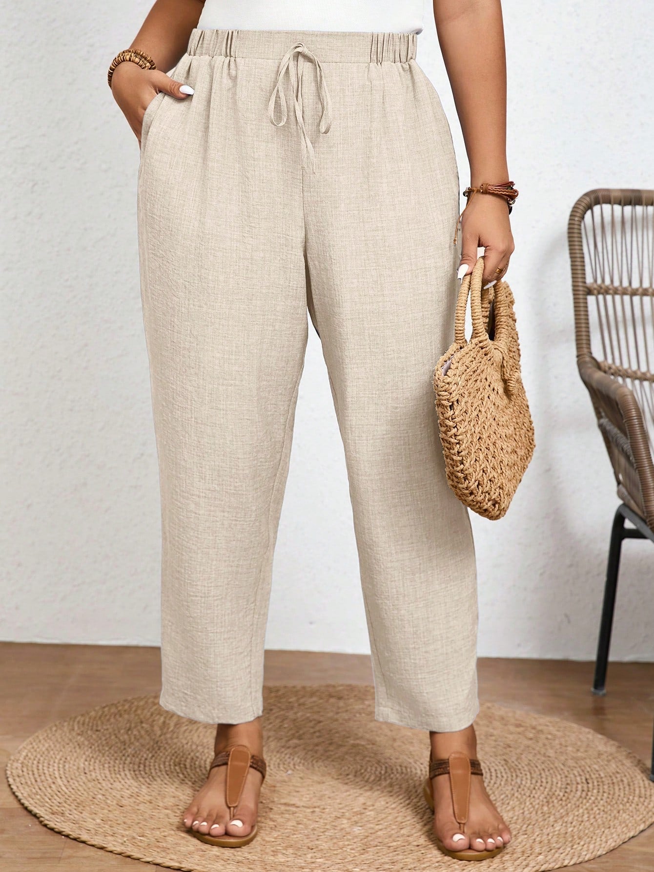 Frenchy Calça Casual de Cor Sólida Plus Size com Cintura Elástica e Bolsos Diagonais