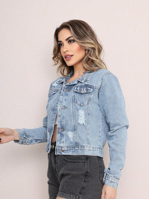 Jaqueta Jeans Feminina Lavagem Clara Curta
