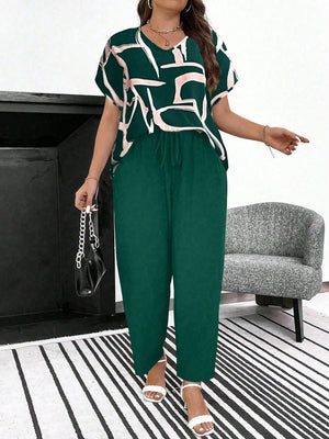Conjunto Feminino Plus Size Manga Curta Calça Soltinha