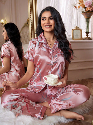 Pijama Feminino Longo de Cetim Elegante Floral