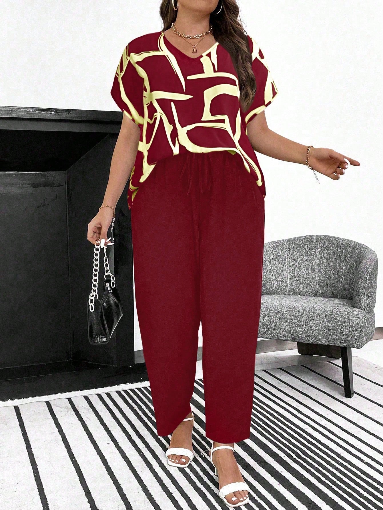 Conjunto Feminino Plus Size Manga Curta Calça Soltinha