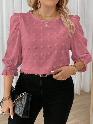 Relaxiva Camisa Casual com Gola Careca, Manga Média e Bolinhas Suíças em Cor Sólida, Plus Size
