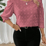 Relaxiva Camisa Casual com Gola Careca, Manga Média e Bolinhas Suíças em Cor Sólida, Plus Size