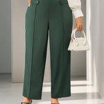 Firerie Calça reta elegante de cor sólida em tamanho plus size com detalhe de botão na cintura
