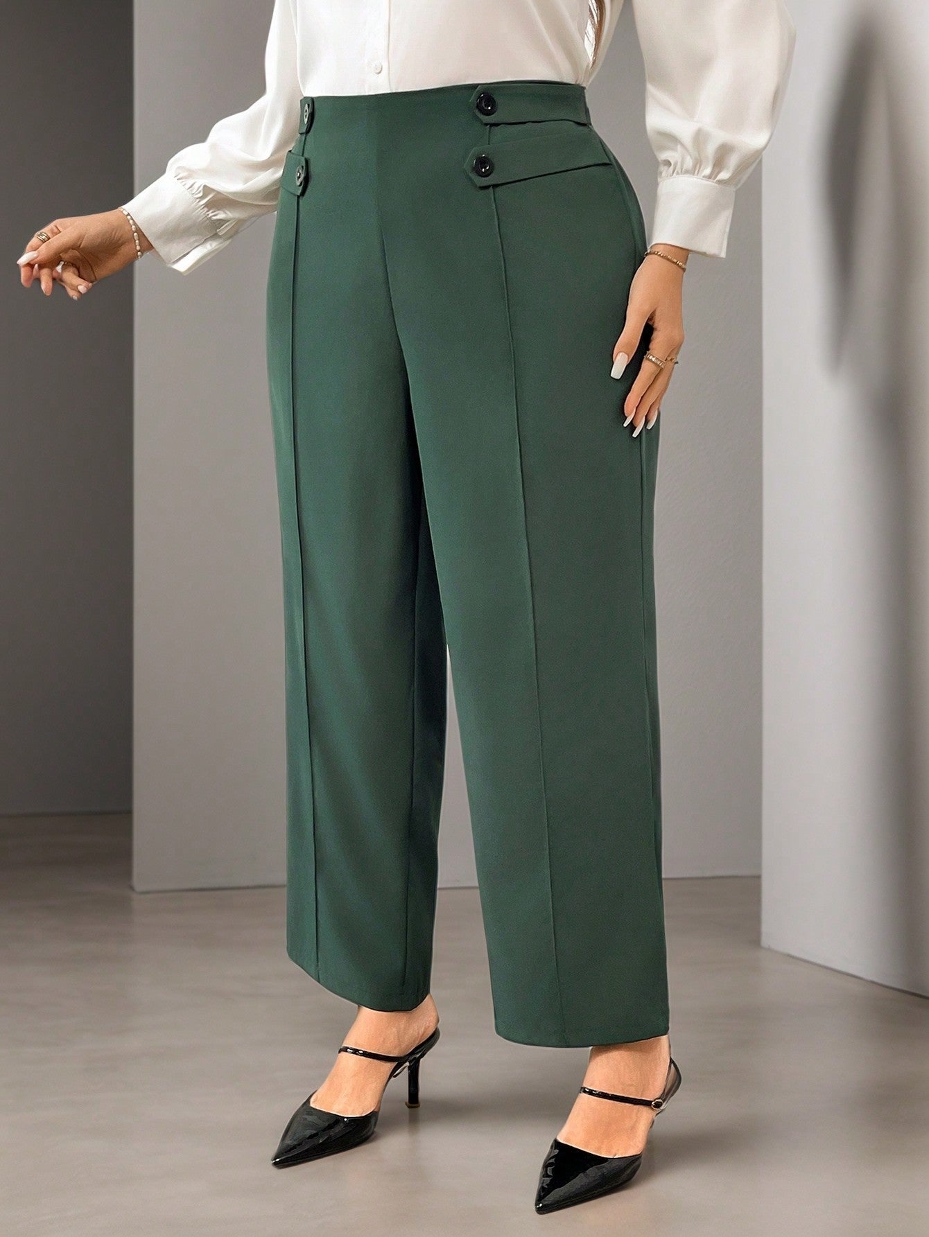 Firerie Calça reta elegante de cor sólida em tamanho plus size com detalhe de botão na cintura