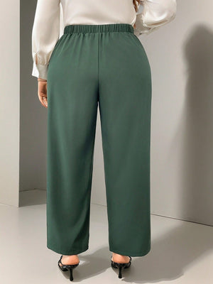 Firerie Calça reta elegante de cor sólida em tamanho plus size com detalhe de botão na cintura