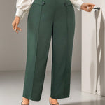 Firerie Calça reta elegante de cor sólida em tamanho plus size com detalhe de botão na cintura