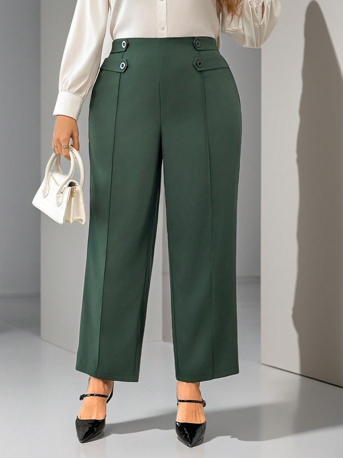 Firerie Calça reta elegante de cor sólida em tamanho plus size com detalhe de botão na cintura