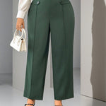 Firerie Calça reta elegante de cor sólida em tamanho plus size com detalhe de botão na cintura