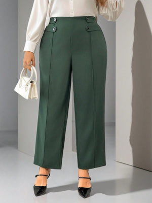 Firerie Calça reta elegante de cor sólida em tamanho plus size com detalhe de botão na cintura