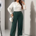 Firerie Calça reta elegante de cor sólida em tamanho plus size com detalhe de botão na cintura