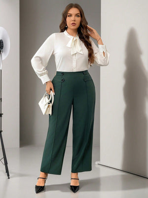 Firerie Calça reta elegante de cor sólida em tamanho plus size com detalhe de botão na cintura