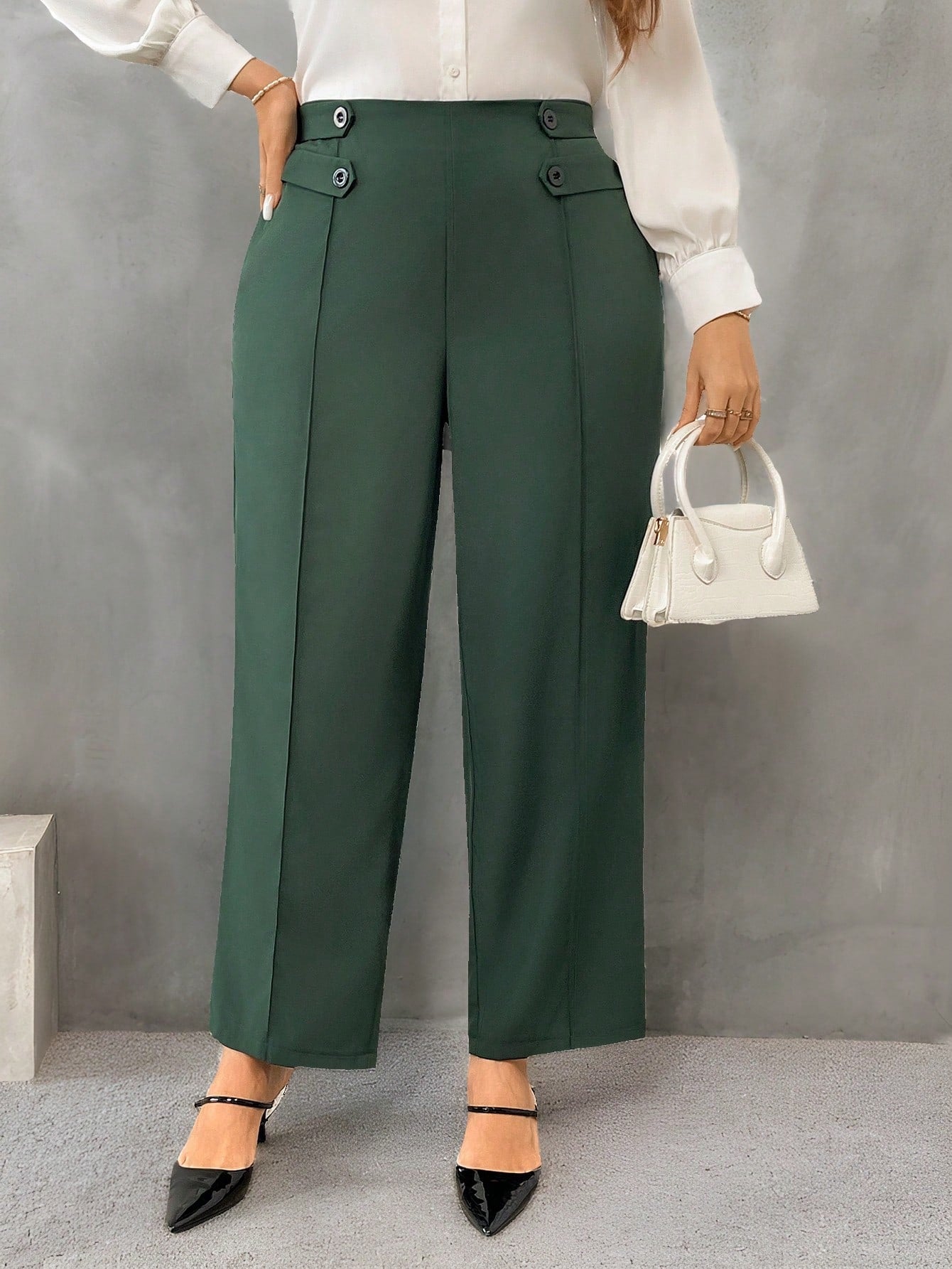 Firerie Calça reta elegante de cor sólida em tamanho plus size com detalhe de botão na cintura