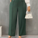 Firerie Calça reta elegante de cor sólida em tamanho plus size com detalhe de botão na cintura
