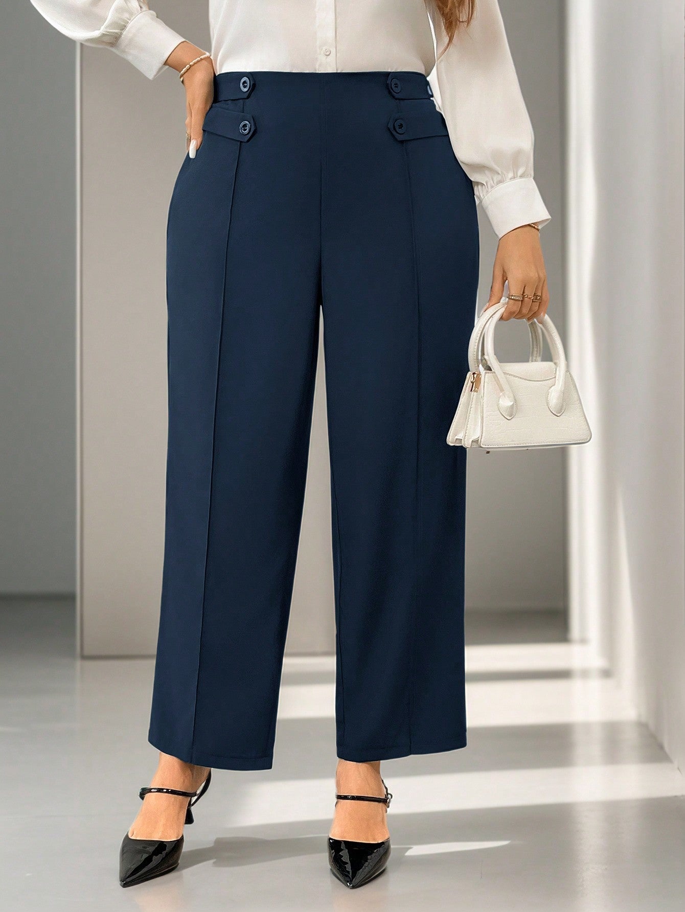 Firerie Calça reta elegante de cor sólida em tamanho plus size com detalhe de botão na cintura