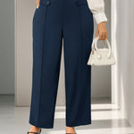 Firerie Calça reta elegante de cor sólida em tamanho plus size com detalhe de botão na cintura