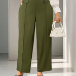 Firerie Calça reta elegante de cor sólida em tamanho plus size com detalhe de botão na cintura