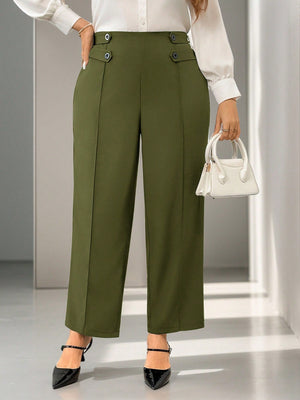 Firerie Calça reta elegante de cor sólida em tamanho plus size com detalhe de botão na cintura