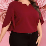 Clasi Camisa com Bainha Arqueada, Decote em V e Manga Fendida em Cor Sólida para Mulheres Plus Size, Look de Dia dos Namorados