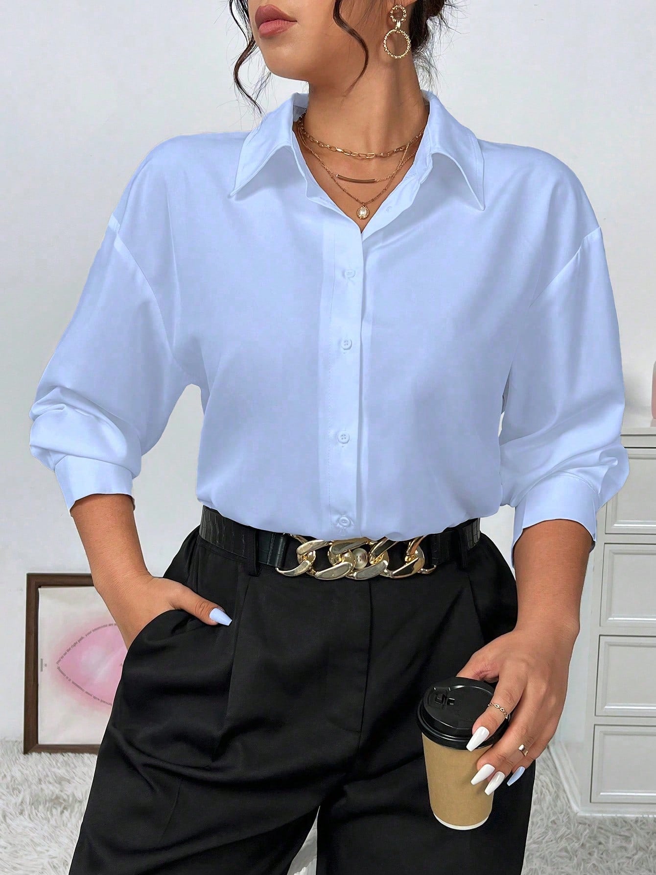 Camisa Feminina de Alfaiataria Plus Size Manga Comprida